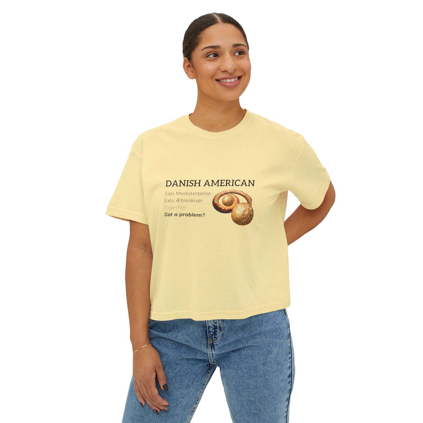Danish American Eats Medisterpølse & Aebleskiver Together Women's Boxy Tee